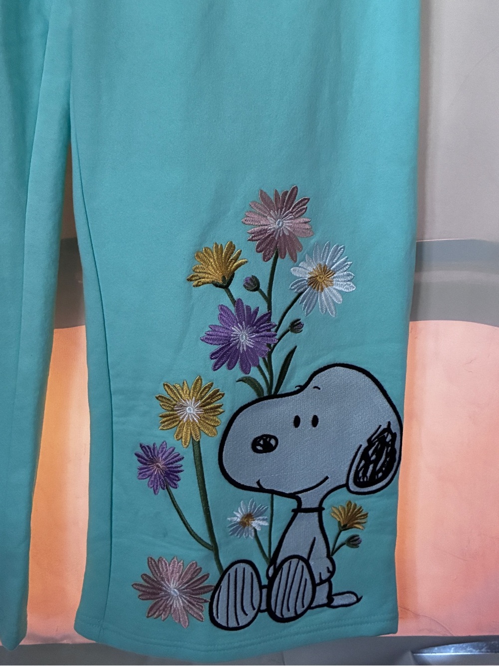 Peanuts Snoopy & Woodstock Floral Mint Green Wide Leg Sweat Pants - Picture 3 of 7